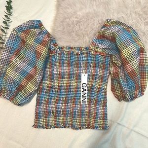 Ganni colorful puff sleeve ruched top size 40 (8)
